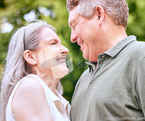 Image of Senior, couple and love smile of marriage, retirement and care in nature for an anniversary. Happy elderly woman and man loving summer spending quality time together feeling romantic and happiness