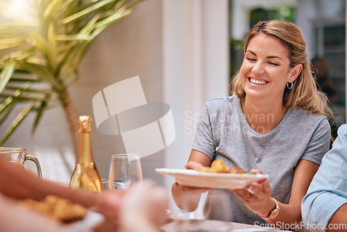 Image of Woman happy holding dinner plate, dinner table celebration and people group with bottle champagne on holiday. Festive girl supper, smile happiness and food, family home party or luxury restaurant