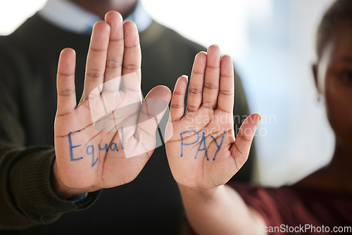 Image of Equal pay, gender bias and salary inequality protest in workplace of corporate employees, professional colleagues and job. Pay gap, sexism and unfair financial compensation or payment for woman staff