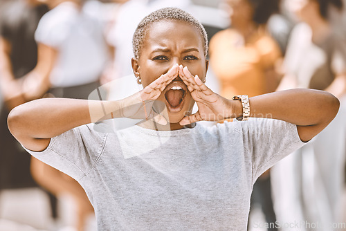 Image of Protest speaker, rally and woman shout for world change, freedom or fight for human rights, women equality or revolution. Racism, blm and announcement speech from black girl or social justice warrior