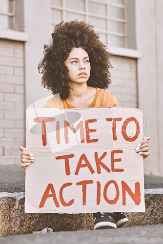 Image of City, human rights and woman with cardboard sign, student protest in support of women, time for change or action. Freedom, justice and equality, sad angry girl with banner for empowerment on street.