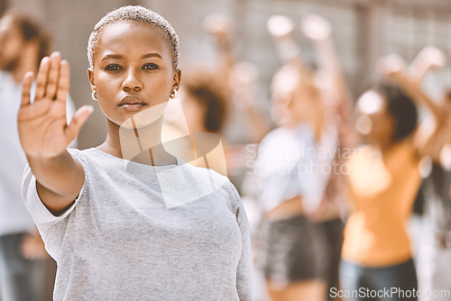 Image of Black woman protest, stop hand sign on street or human rights equality, activism group for freedom in city. Portrait of woman against gender violence abuse, for change future of women or black people