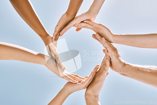 Image of Hands, people and collaboration in trust circle for community, support and synergy on blue sky. Hope, hand and group with diversity, help and solidarity, environment and team effort blue background