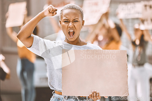Image of Protest cardboard mock up and black woman in crowd or street portrait with gender equality, human rights and justice with voice and power. Law, politics and activism mockup sign for women empowerment