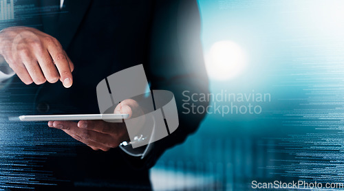 Image of Zoom of hands, tablet or businessman with futuristic cyberpunk network, cloud computing or crypto investment research. Stock market, networking or innovation financial software for technology UX app