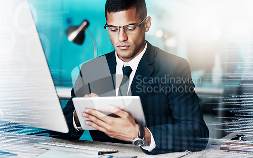 Image of Trader, tablet and hologram while businessman online for fintech using ux and ui for financial investing. Accountant, futuristic tech and economy with businessperson for finance forecast and report