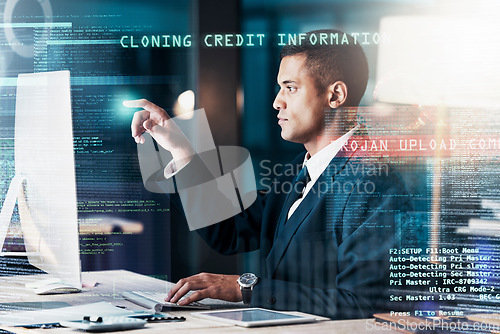 Image of Businessman, overlay and computer virus, hacking and digital glitch, 404 error and cybersecurity with futuristic 3d. Ai, double exposure or IT cyber security expert with online protection from hacker