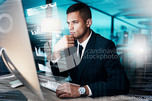 Image of Trading, computer and businessman with hologram data of finance investment, stock market or forex growth. Future financial economy, bitcoin or trader analysis of futuristic chart, analytics or crypto