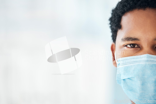 Image of Mockup of black man, face mask and covid 19 healthcare, medical wellness or bacteria safety, global emergency and pandemic risk. Portrait of african guy, corona virus ppe and protection on copy space