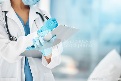 Image of Woman, hands or doctor clipboard writing in hospital for life insurance test results, medical healthcare research or surgery planning. Medicine worker, covid or employee with paper documents schedule
