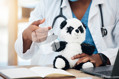 Image of Pediatrician doctor, teddy bear and vaccine injection, syringe and shot for virus immunity, healthcare clinic and help kids medical service. Pediatrics therapist consulting vaccination for children