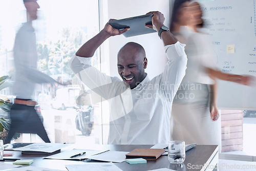 Image of Angry, stress and businessman smash laptop at office desk from anxiety, burnout and 404 software glitch, error and crazy manager. Frustrated employee destroy computer, anger management and pc problem