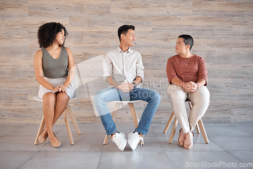 Image of Startup business people recruitment or job interview in waiting room row for HR, team building or feedback communication. Happy, smile or hiring interview for digital marketing company review