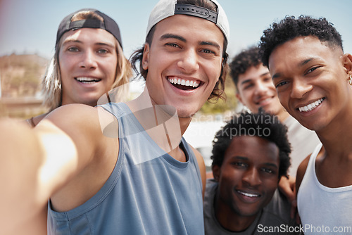 Image of Summer, students and happy selfie with friends together on outdoor holiday break adventure. Gen Z, smile and happiness in interracial friendship with men enjoying vacation in Los Angeles.