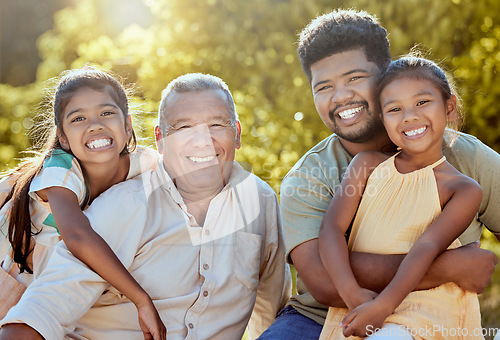 Image of Family, father with grandfather and children outdoor, happy in the park portrait for bonding and quality time together. Men with kids smile out in nature, happiness in the sun and generations of love