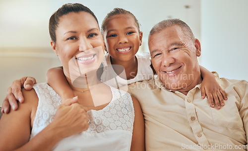 Image of Family, children and grandparents with a girl happy to be spending time in a retirement home with granny and grandpa. Portrait, love and kids with a senior man, woman and grandchild bonding together