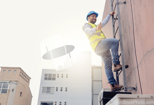 Image of Engineer, ladder and thumbs up with man climbing on a building during construction inspection. Agree, approve and thumbsup with builder working on building architecture for maintenance and repair