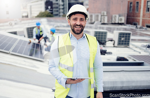 Image of Engineer, tablet and working with solar panel, building and maintenance outdoor for clean energy and eco friendly. Happy engineering worker working with development, solar energy and construction