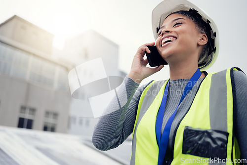 Image of Construction, engineer and woman on phone call outside during building inspection for networking. Builder, building and female contractor with mobile communication for construction worker