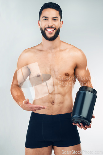 Image of Fitness man, protein product and health for health, exercise and training workout. Portrait of a happy model advertising healthy shake for sport and cardio motivation smile with marketing space