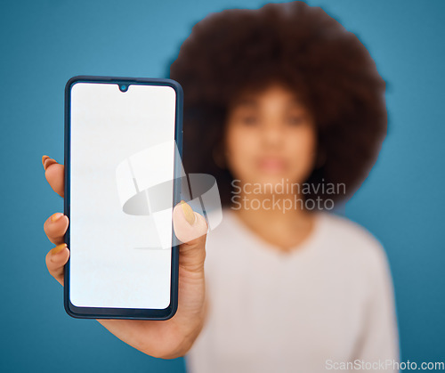 Image of Social media, mockup and woman with phone on green screen for marketing, advertising and product placement. Hand, digital and afro girl with blank screen for branding, information or communication