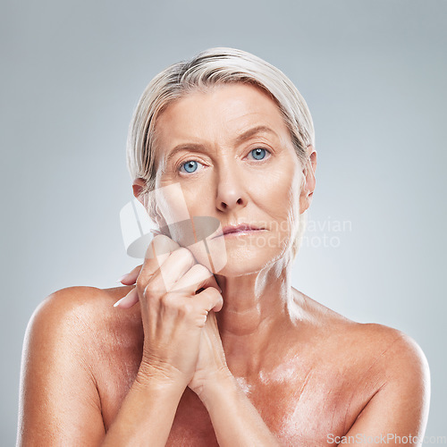 Image of Senior woman, beauty and skincare for face with cosmetics, makeup and wrinkle repair for wellness, health and glow. Portrait of female with dermatology care for skin with retinol anti aging product