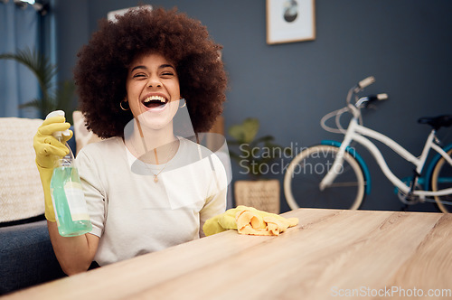 Image of Happy, cleaning and spray with black woman and table for dust, bacteria or housekeeping service. Disinfection, hygiene and washing with girl at home and tidy household for cleaner, chores and fresh