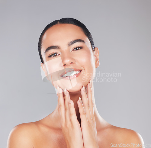 Image of Happy woman, skincare and beauty, natural makeup and facial wellness, aesthetic dermatology and fresh self care cosmetics on studio background. Portrait of young model face, headshot and body botox