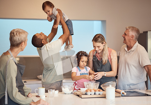 Image of Generation family, cooking play together in family home kitchen for happiness, bonding and diversity. Mother, father and grandparents baking, girl learning with happy chef mom, dad and baby smile