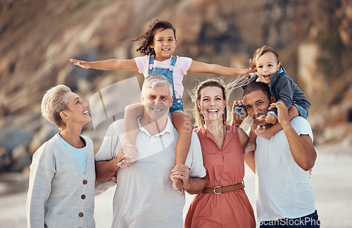 Image of Family beach portrait, child on shoulder and dad, mom and multicultural grandparents together on vacation. Happy big family, generation smile with happiness outdoor in summer holiday for diversity