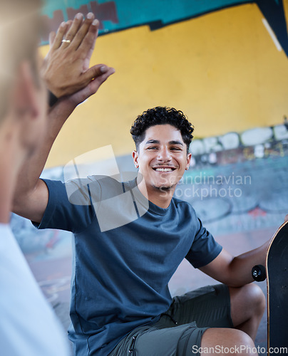 Image of Men, people or friends in high five at skate park for fun, excited or motivation in Brazilian skating challenge. Smile, happy skaters or bonding skateboarders in success, winning or cheering gesture