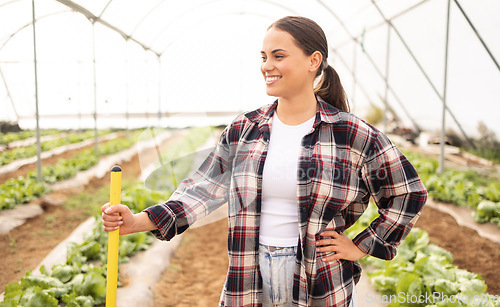 Image of Happy woman, sustainability and farmer working on garden for sustainable healthy food growth in a greenhouse. Agriculture, gardening and female worker farming organic vegetable plants on outdoor land