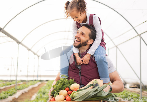 Image of Family, agriculture and farming with father and child together in a greenhouse for sustainability, growth and harvesting vegetables. Man and girl farmer together for bonding and learning on agro farm