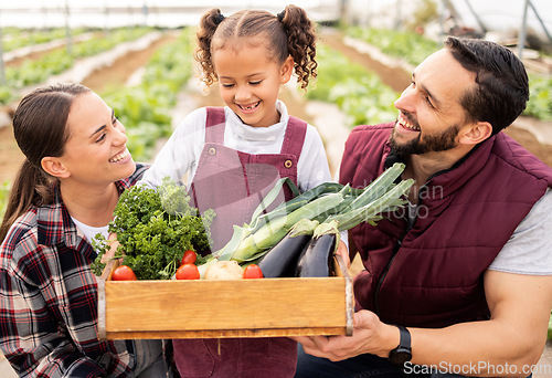 Image of Farmer, family and box with vegetables from agriculture, happy with harvest, fresh and organic food at farm. Man, woman and child smile, growth and green healthy vegetable and sustainable farming.