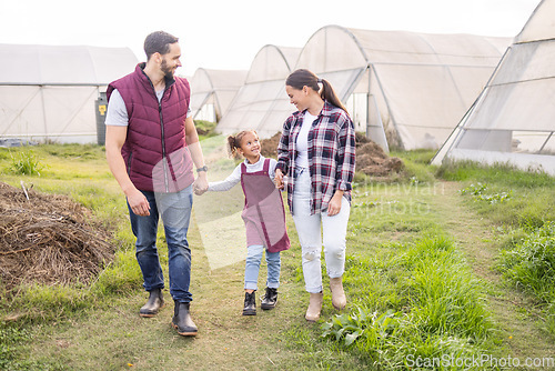 Image of Farming, family and sustainable lifestyle with child and parents walking together on a field for love, bonding and support in countryside. Happy girl, man and woman on an agro and agriculture farm