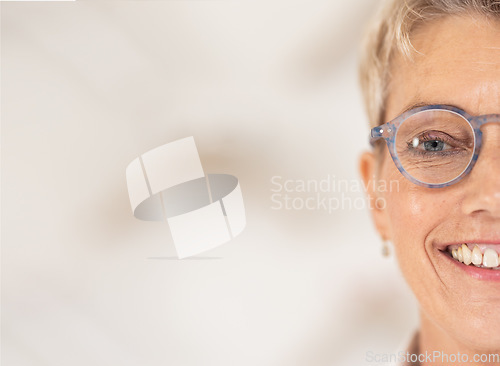 Image of Woman, glasses and optometrist choice with a senior woman happy about frame, lens or optics decision against mockup space. Portrait and face of woman with a smile for vision, eye care and wellness