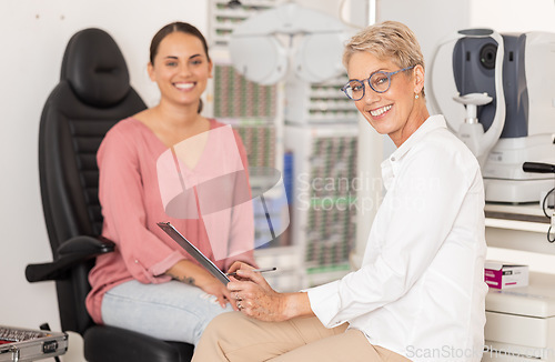 Image of Optometry, vision and glasses with an optician and woman customer doing a test for prescription lenses. Retail, eyewear and medical with a female shopping for new frame spectacles with an optometrist