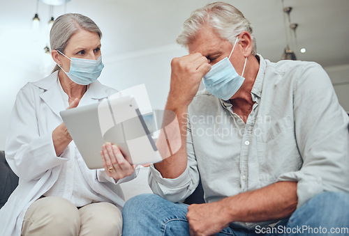 Image of Tablet, doctor and patient with mask, stress and diagnosis results for illness. Telehealth, sad male and medical professional with digital device, corona and depressed for sickness in hospital upset.