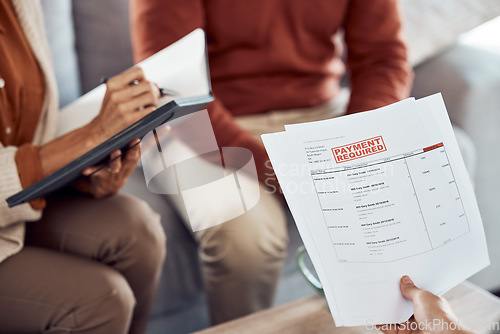 Image of Finance, debt and payment with documents in a hand of a health professional for medical bills. Paper, accounting and loan with a financial document for late paying a doctor or hospital closeup