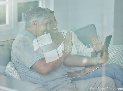 Image of Senior couple, wave and tablet video call of happy man and woman for connection and communication. Mature people, online tech and video conference on the internet with older and retired contact