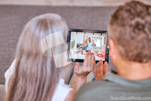 Image of Senior couple tablet, video call happy birthday to children and communication app on living room sofa. Elderly man, woman and digital mobile technology for internet video conference to congrats kids