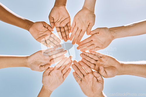 Image of Hands in circle, teamwork or business people with support, collaboration or team building for mission success from below. Blue sky, diversity or community for vision, partnership or unity goal.