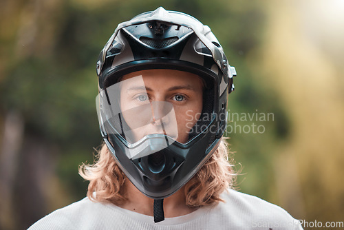 Image of Biker man portrait, helmet and face of outdoor rider with head safety gear for adventure, cycling and motorcycle workout. Bicycle, motorbike and sports athlete ready for race training on in Australia