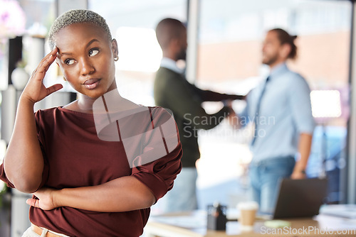 Image of Annoyed, attitude and business woman in office, roll eyes at gender inequality, prejudice and unfair workplace. Sexism, discrimination and frustrated black woman in boardroom after business meeting