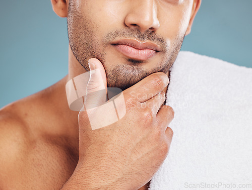 Image of Beard grooming, care and face of man satisfied with facial cleaning routine, self care treatment and beauty spa healthcare. Wellness, dermatology and healthy aesthetic model jaw with luxury skincare