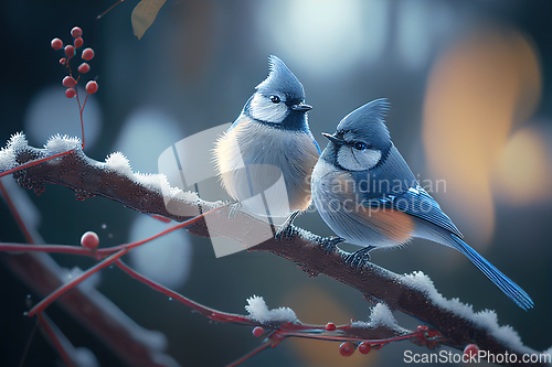 Image of Two Little blue titmouse birds on branch covered with snow. Chri