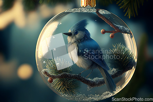 Image of Little blue titmouse bird in christmas glass ball on fir tree co