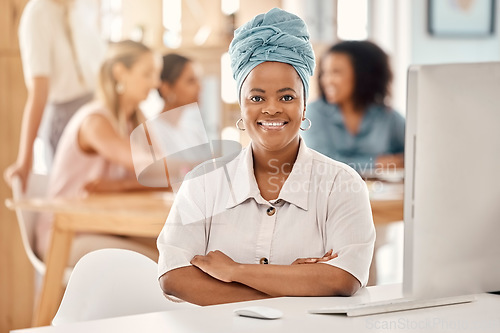 Image of Computer, office and business black woman in portrait for leadership, trust and staff management at marketing agency. Desktop technology, website and online corporate manager happy with her career