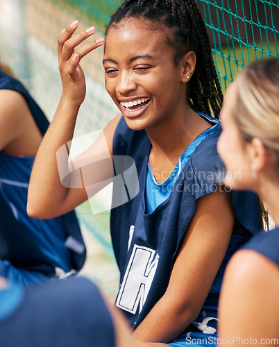 Image of Woman, laughing or bonding on sports court with netball community friends or people in diversity team building exercise. Happy smile, black person or athlete and fitness students in wellness training