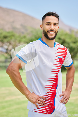 Image of Fitness, sports and portrait of man on soccer field for training, workout and health. Wellness, exercise and football with soccer player and smile for match, cardio and games competition lifestyle